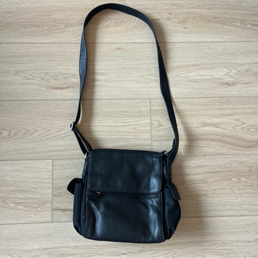 Vintage Fossil Black Leather Nylon Crossbody Shoulder Bag